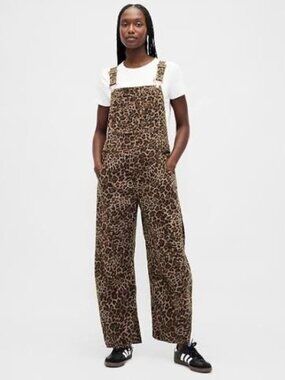 Gap UltraSoft Denim Leopard Print Horseshoe Overalls Wide Leg Barrel L